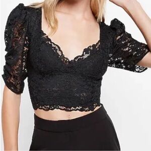 Express Lace Puff Sleeve Blouse - Light Pink